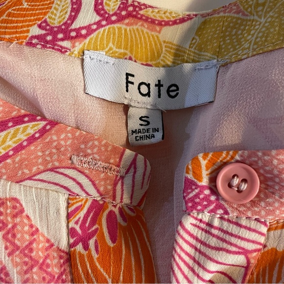 #0238 Fate-Pink & Orange Blouse Vibrant Top Front Buttons Puff Sleeves-S - Picture 2 of 7